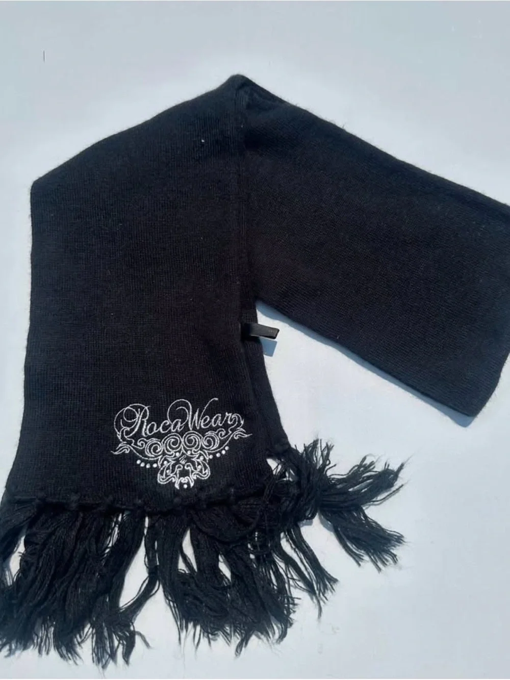 Rocawear Black Knit Fringe Scarf Embroidered Logo Winter Unisex